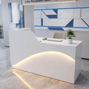 Modern White Curved Reception Desk with LED Accent Lighting (1.6m)